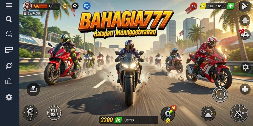 Tampilan mendebarkan gameplay motor racing BAHAGIA777.