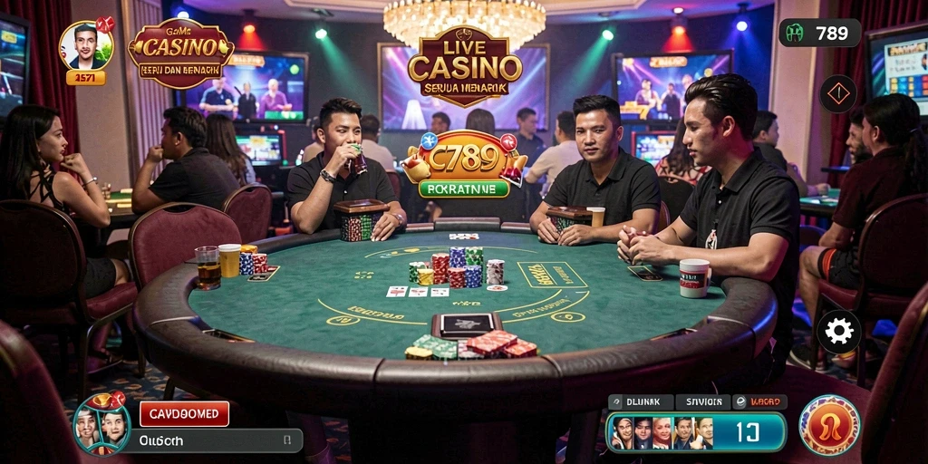 Screenshot C789 menampilkan dealer langsung dan suasana kasino yang nyata.