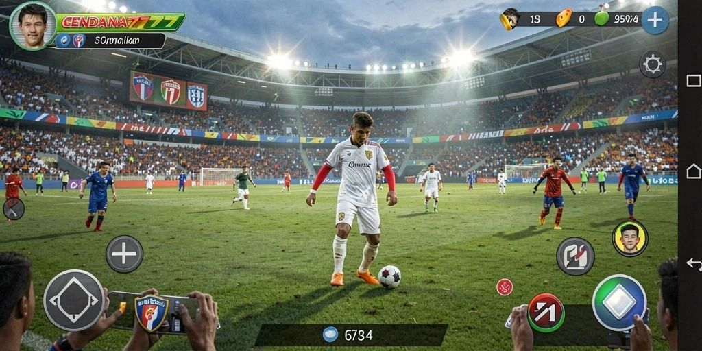 Screenshot gameplay CENDANA777 yang menampilkan aksi seru di lapangan sepak bola.