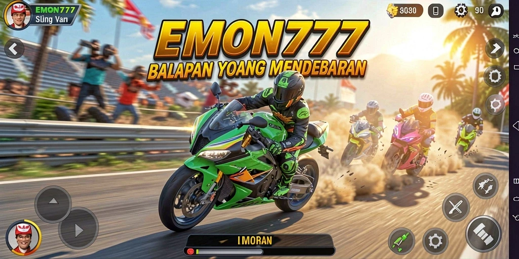 Gameplay seru EMON777 dengan balapan motor yang mendebarkan.