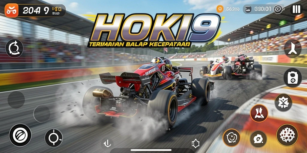 Gameplay HOKI9 dengan kendaraan melaju kencang di trek balap.