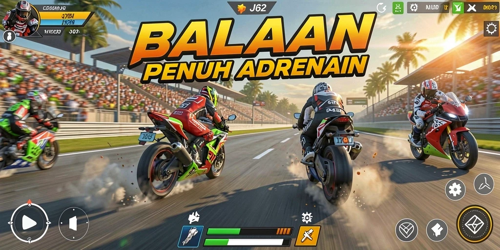 Screenshot dari gameplay <strong>JJ62</strong> yang menunjukkan aksi balapan motor yang seru.
