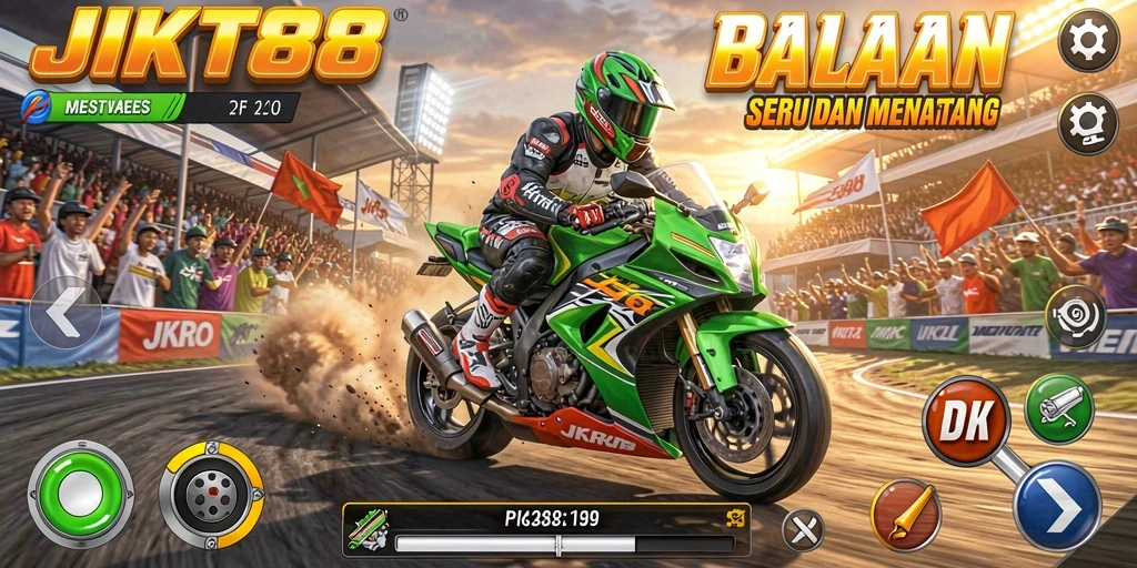 Gameplay JKT88 menunjukkan balapan motor yang menegangkan dan seru.