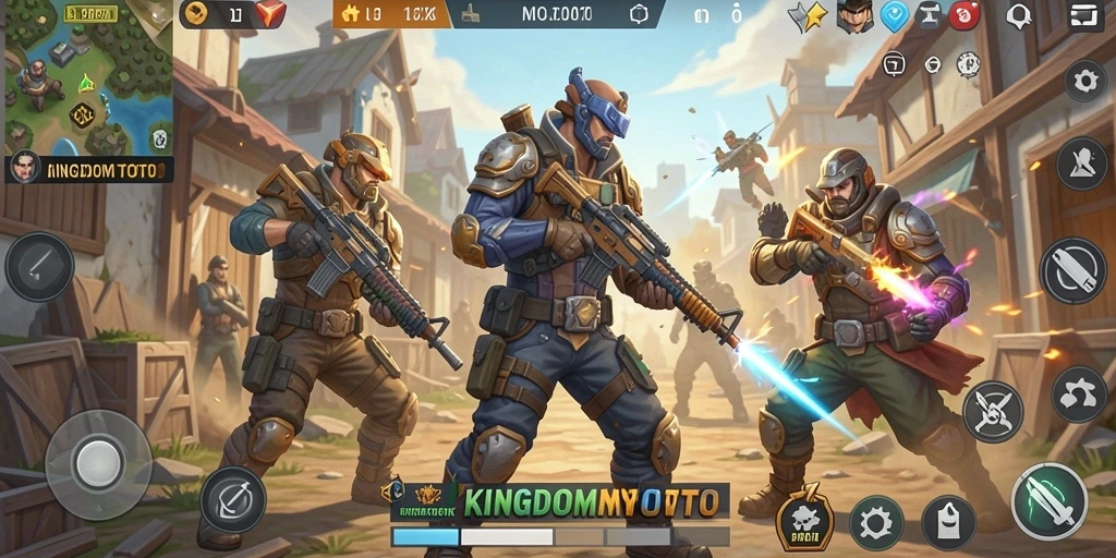 Screenshot gameplay KINGDOMTOTO menunjukkan aksi Battle Royale yang mendebarkan.