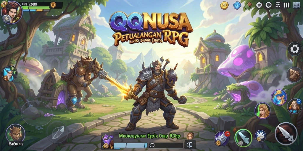 Screenshot gameplay RPG QQNUSA yang menampilkan pertarungan epik.