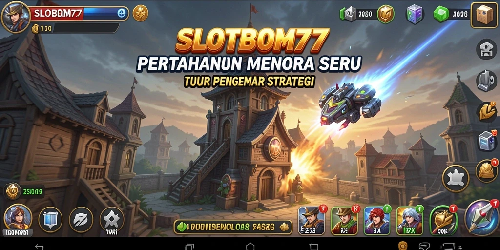 Screenshot dari gameplay <strong>SLOTBOM77</strong> menunjukkan aksi menara pertahanan yang intens.