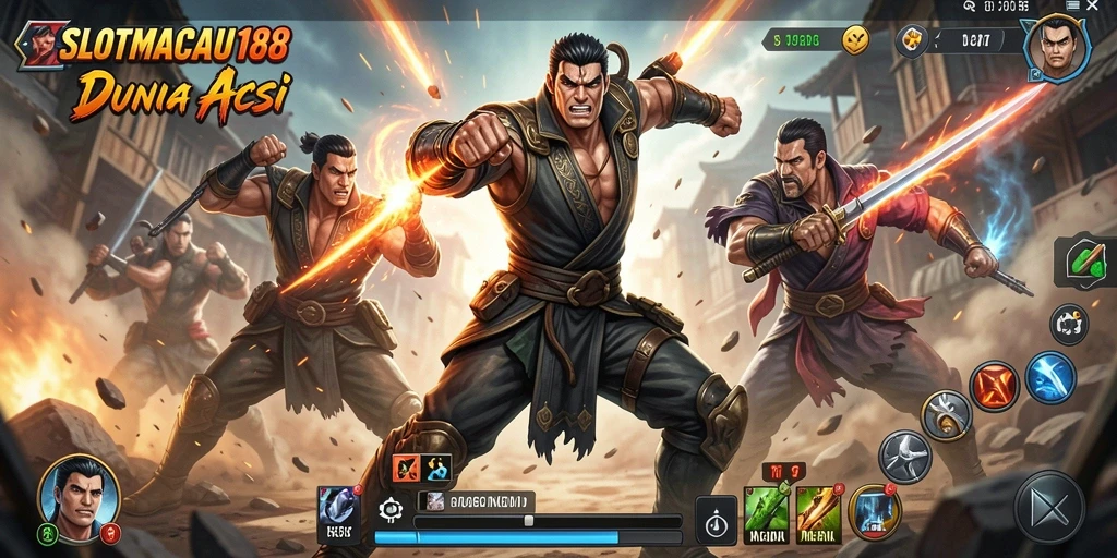 Screenshot SLOTMACAU188 menampilkan pertarungan intens di arena yang mengesankan.